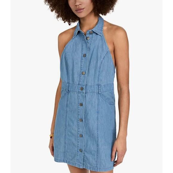 Free People Movement Women’s Sami Button Front Chambray Halter Mini Dress Size L - Picture 1 of 10